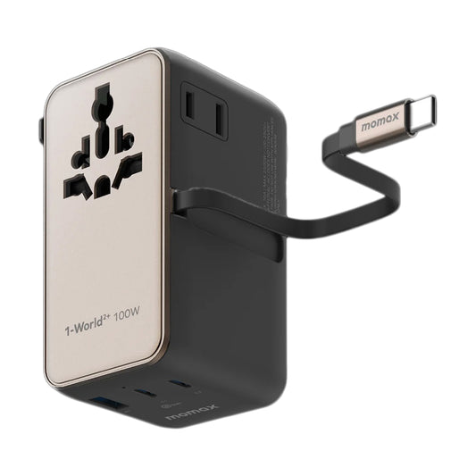 MOMAX 1-WORLD2+ 100W 4-插口內建 USB-C 充電線旅行充電插座(鈦)