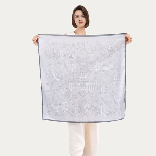 JDF Toile De Jouy Subaqueous Palace Gray Silky Scarf (90cm)