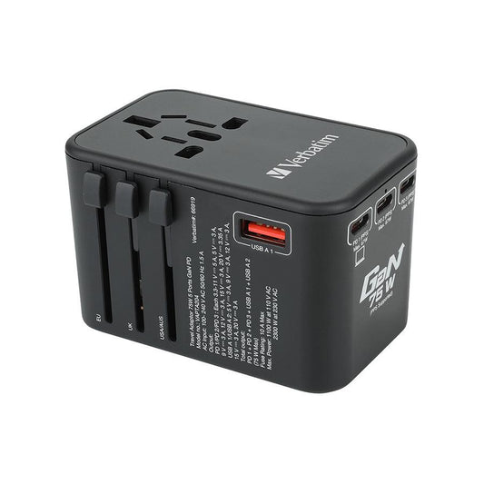 VERBATIM 5Port PD3.0 75W Gan Travel Adaptor - Black - LOG-ON