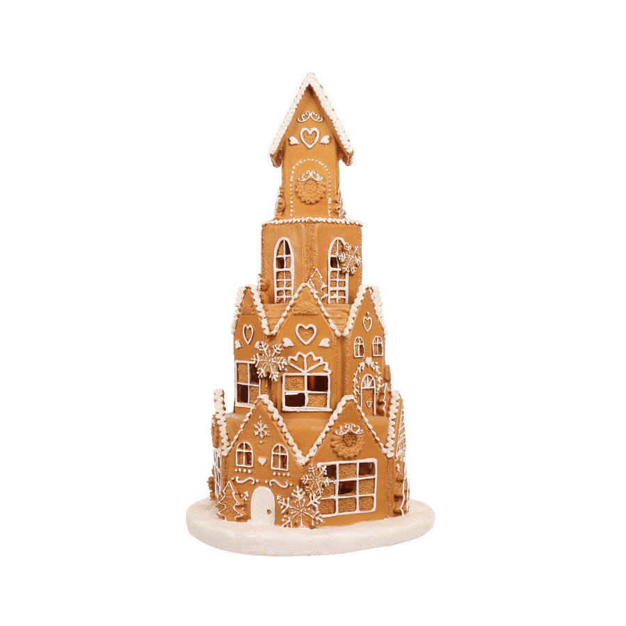 JLINE Xmas Ginger Bread House Tower With Led 47cm - Poly Brown - LOG-ON