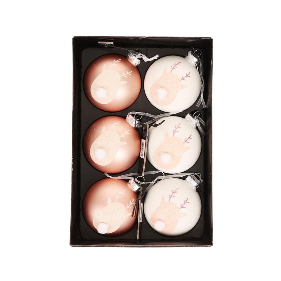 JLINE Xmas Glass Ornament Ballbox Set 8cm 6 pcs - Reindeer Light Pink/White - LOG-ON