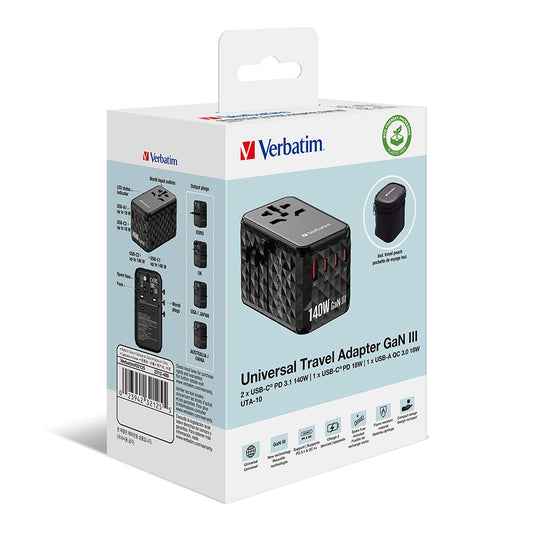 VERBATIM 4PORT PD3.1 140W GAN TRAVEL ADAPTOR - BK