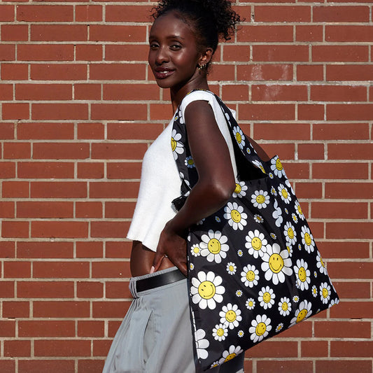 LOQI Foldable Bag-Smiley Flowers Black